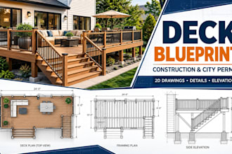 design deck drawing blueprint for construction and deck, porch and city permit