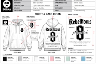design streetwear tech pack for hoodies t shirts and cargo pants for production