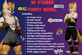 mode 3d furry vtuber avatar, nsfw vrchat avatar, vseeface vrm, animaze vroid
