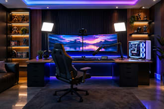 design a modern gaming room or streamer studio with realistic 3d renders