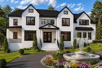 layout3d farmhouse interior,front elevation,garden,facade,driveway,night render