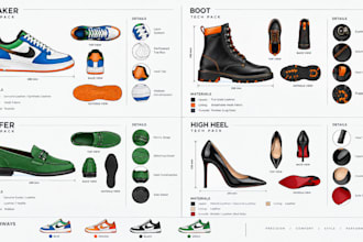create shoe tech pack for sneakers, boots, loafers, and heels for manufacturing