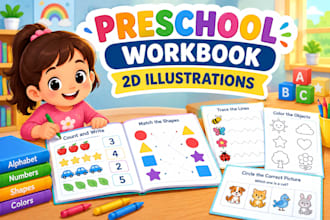 illustrate preschool educational workbooks with 2d characters