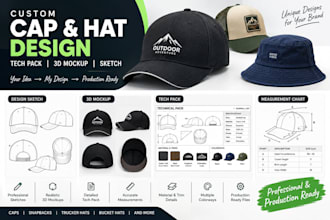 design a cap and hat with tech pack, 3d mock up and sketch