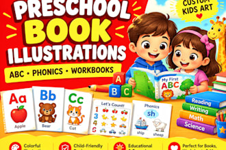 illustrate preschool books, phonics, abc, learning workbooks and kids
