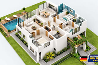 do 3d real estate floor plan, 2d to  3d rendering, revit sketchup autocad