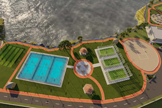 design sport complex masterplan,3d padel court,soccer facility,futsal court,park