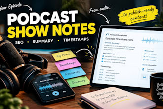 write SEO podcast show notes with timestamps and episode summaries