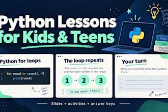 create python, c and scratch coding lessons with exercises