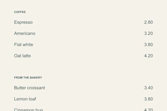 design a clean printable menu or price list