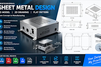 design sheet metal enclosure, 2d technical drawing, 3d model for manufacturing