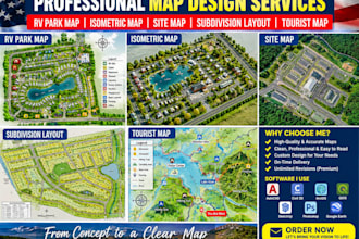 create rv park map, isometric map, site map, subdivision layout, tourist map