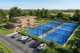 design a 3d padel court, tennis, badminton, pickleball or baseball facility