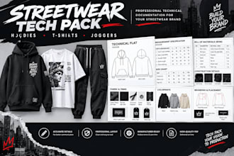 create a professional streetwear hoodie t shirt and jogger tech pack