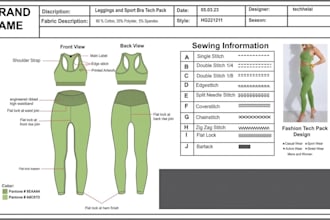 design activewears tech pack, yoga, pilates, fitness wear and clothing tech pack
