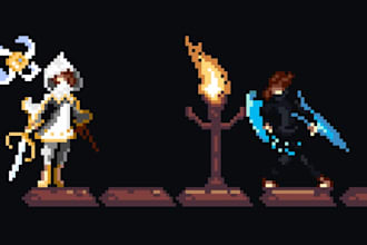 do pixel art animation, pixel art tileset, pixel sprite sheet and game art