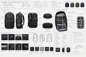 create a detailed camera and equipment bag tech pack