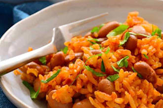 cook rice and beans with vegetable soup and menu design