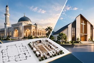 design modern or traditional mosque and church in 3d with floor plan