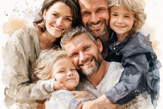 draw watercolor family portrait painting from combine photo in watercolor style