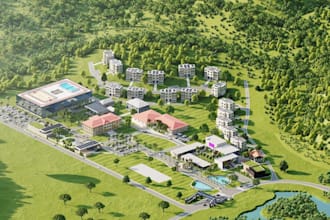visualize 3d site plan, aerial view,academy campus, urban development,masterplan