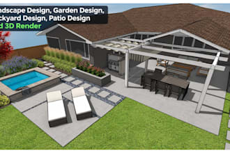 do landscape design, garden design, backyard design, patio design and 3d render