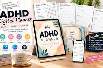 do adhd digital planner habit tracker, goodnotes journal canva, journal notebook