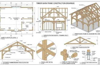 design timber barn plan, post and beam framing, trusses and construction drawing