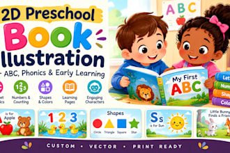 create 2d preschool book illustrations for abc phonics and early learning