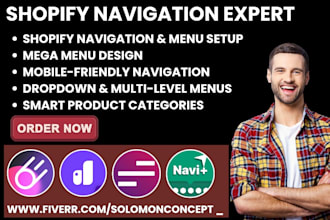 setup shopify navigation and menu meteor globo mega navi qikify kobu baselayer