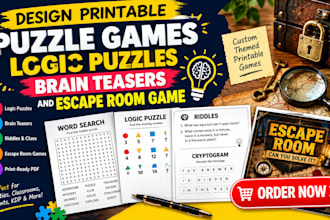 design printable puzzle games, logic puzzles brain teasers and escape room game