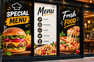 create restaurant window graphic, menu decals, storefront branding for cafe shop