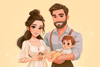 design a magical cartoon family artwork