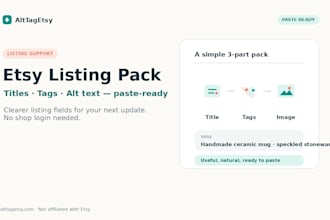 write etsy listing titles, tags, and alt text for 13 listings