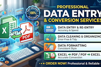 do data entry data cleaning  and excel to PDF, PDF to excel conversion for you