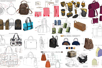 design full tech pack for bag concept backpack, handbag, purse