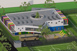 design modern 3d school campus models, educational institution animations, vray