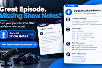 write professional podcast show notes, podcast writing and episode summaries
