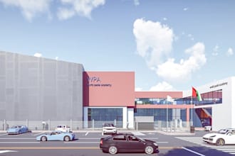layout 3d sport academy,commercial parking lot, landscape design,outdoor tennis