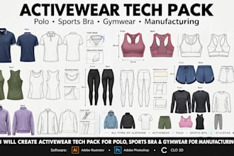 create activewear tech pack for polo, sports bra gymwear for manufacturing