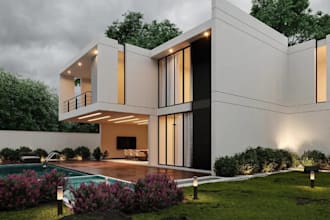 render 3d duplex villa elevation, house landscape with pool, luxury home remodel