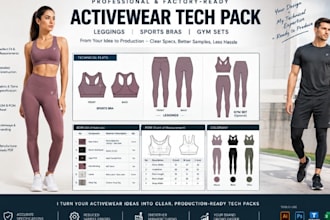 create activewear tech pack for leggings, sports bras and gym factory ready