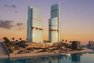 3d multi story building,mixed use tower,hill sea,mediterranean waterfront render