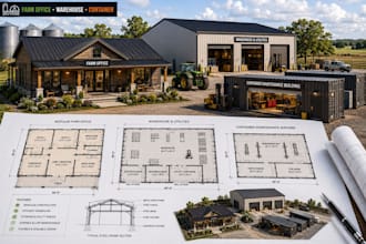 design architectural plans for modular farm offices warehouse utilities with mep