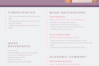 write a professional hospitality and hotel CV