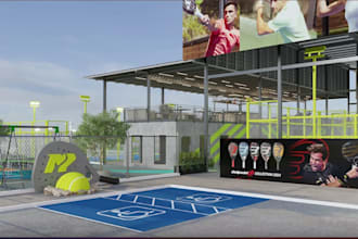 3dpadel club design,sports complex,restaurant patio,outdoor sofa set,landscaping