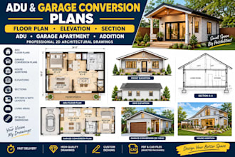 design adu floor plans, garage conversion plans, elevations and sections