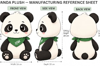 create custom plush reference sheet, stuffed animal design for manufacturing