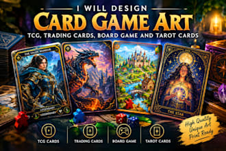 design card game art, tcg, trading cards, board game and tarot cards