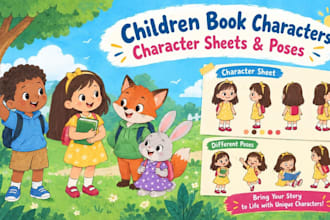 design consistent children book character, storybook character sheet and poses